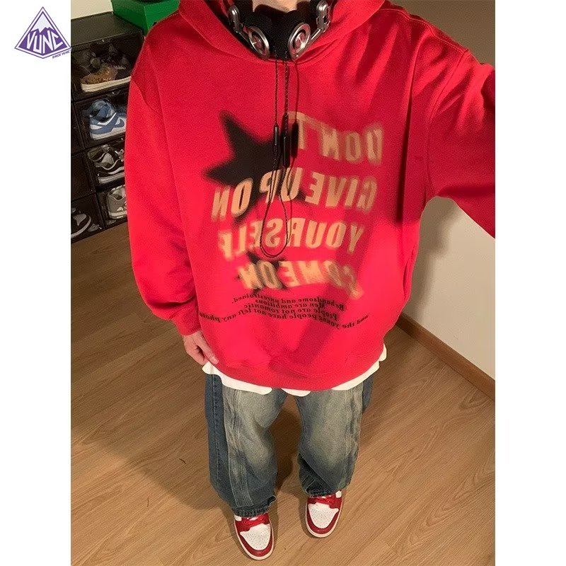 Vunc Áo Hoodie Dáng Rộng In Chữ Và Ngôi Sao Thời Trang Đường Phố Mỹ Cá Tính Cho Nam