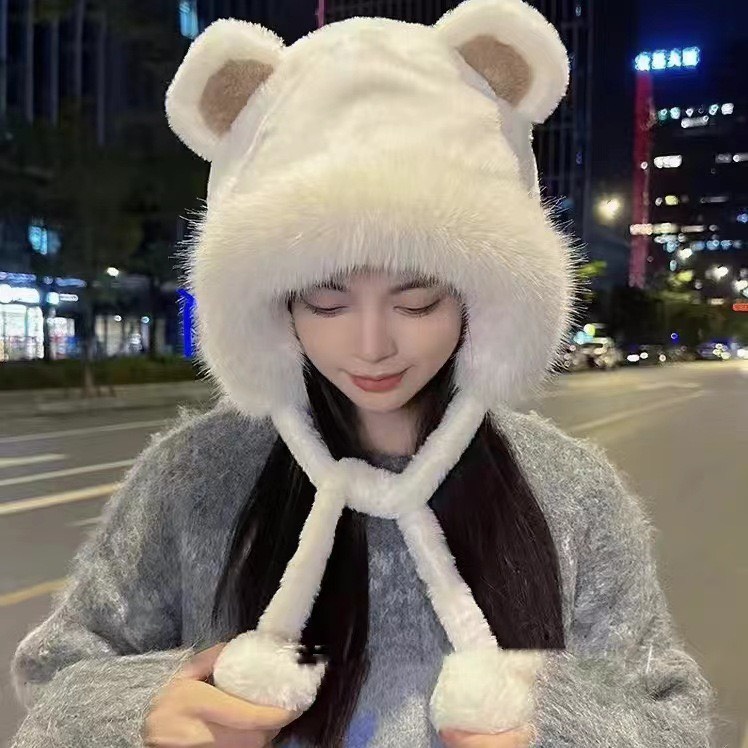 Mũ phi công nữ viền lông siêu mềm mix dây buộc quả bông đáng yêu