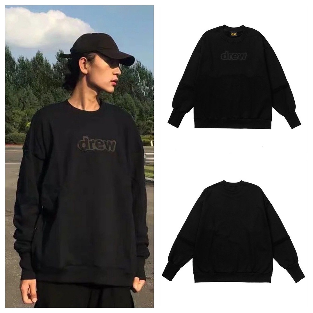 3JHW drew round neck sweater men's black embroidered letters loose American fashion brand spring and autumn niche design sense stitching top