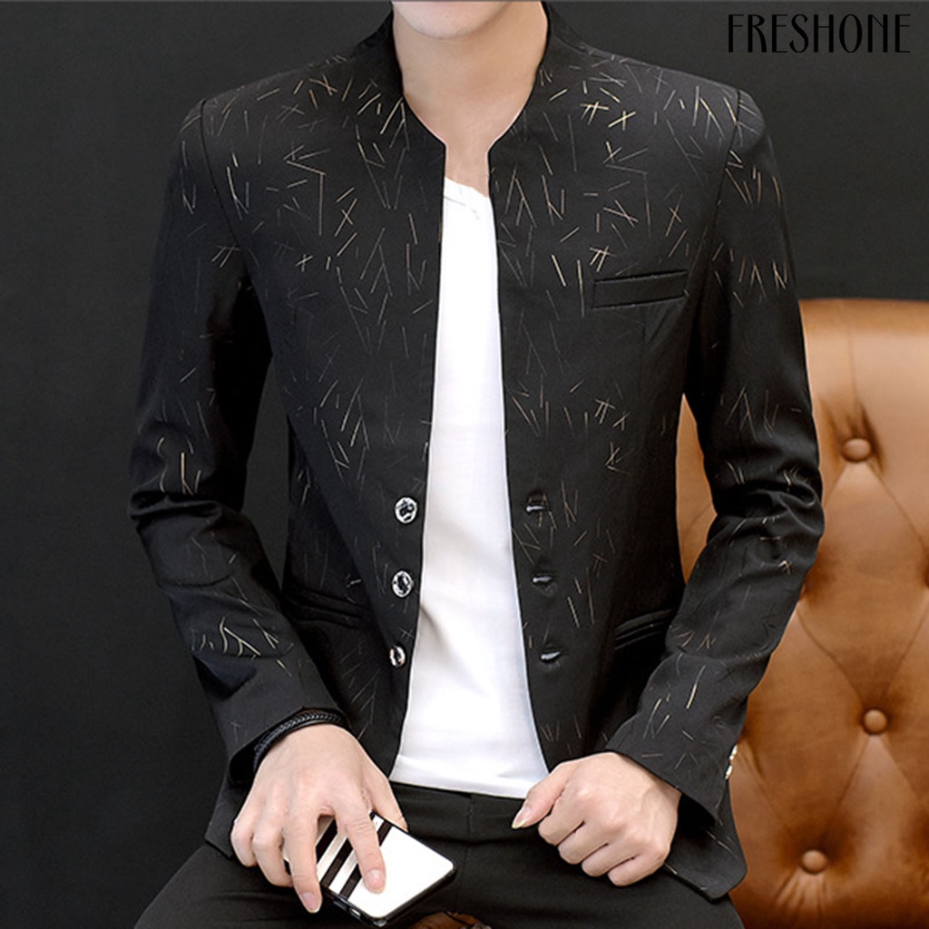 Áo Khoác blazer Giả Túi Cổ Đứng In Họa Tiết vintage Phong Cách Hàn Quốc Thời Trang Xuân Thu Cho Nam