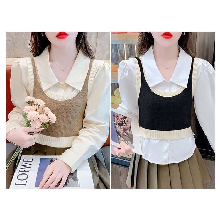 Bộ Áo Sơ Mi Tay Dài + Áo vest Dệt Kim Dáng Ngắn Màu Sắc Tương Phản Thời Trang Mùa Thu 2023