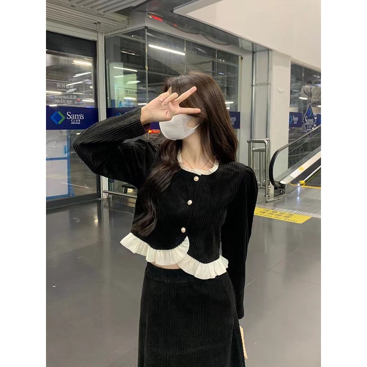 Bộ Áo Nhung Cao Cấp Tay Dài Phối Bèo + Chân Váy Thời Trang Thu Đông 2022