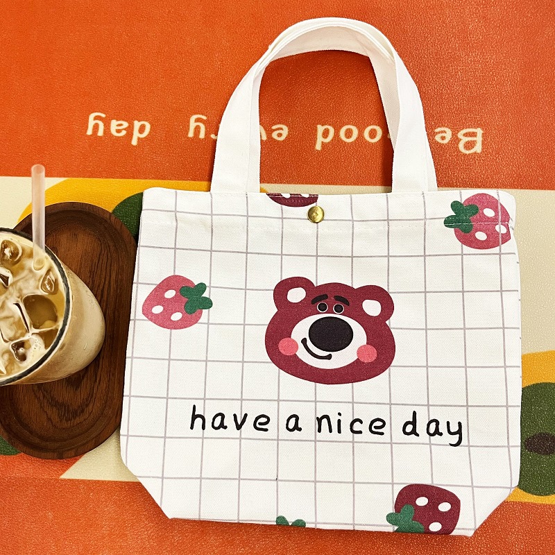 Túi mua sắm MR PUFFER vải canvas mini cầm tay đa năng thân thiện với môi trường họa tiết gấu dâu dễ thương