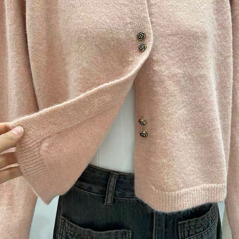 Áo cardigan, Áo Len, Áo Khoác Chất Len Lông Dày Dặn, Ấm Áp Màu Hồng Trắng, Cúc Hoa