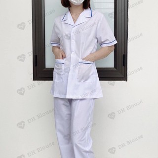  Bộ quần áo blouse trắng có viền xanh Dương - áo blue trắng điều dưỡng dược sỹ y tá 
