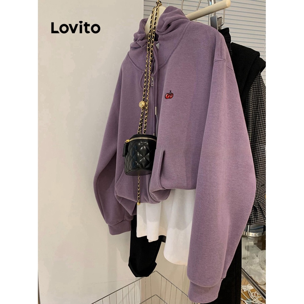 Lovito Áo khoác dây kéo thêu trơn thông thường cho nữ LNE30228