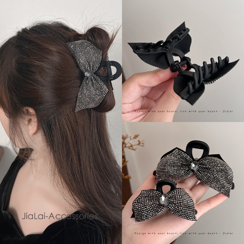 Kẹp Tóc Nơ Đính Đá Màu Đen Phong Cách Hàn Quốc Cho Nữ