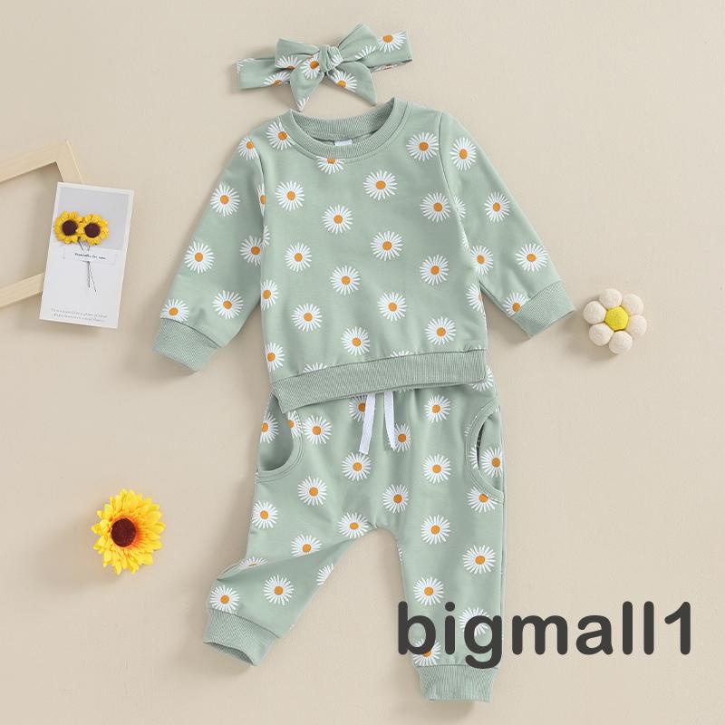 Topmall set Áo Thun Tay Dài & Quần Dài In Hoa Cúc & Băng Đô Quấn Đầu Cho Bé Gái Từ 6 Tháng - 3 Tuổi