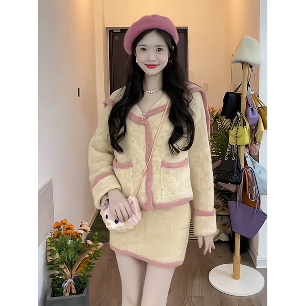 Bộ áo khoác ngắn mùa thu dễ thương, áo len + váy gợi cảm cho nữ