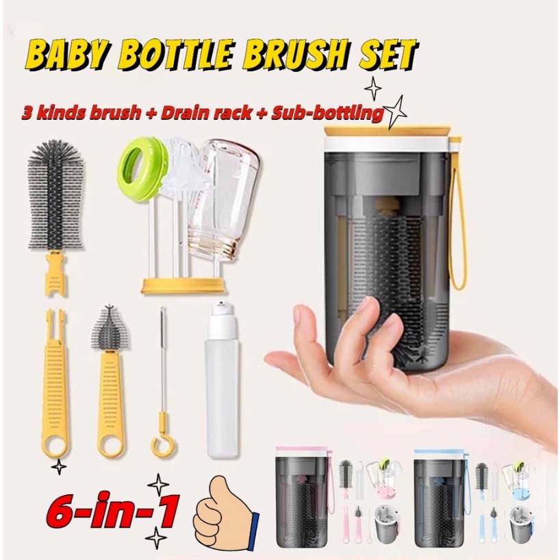 Set Cọ Rửa Bình Sữa 6 Trong 1 Bằng Silicon Đa Năng Có Giác Hút Tiện Dụng Mang Theo Du Lịch