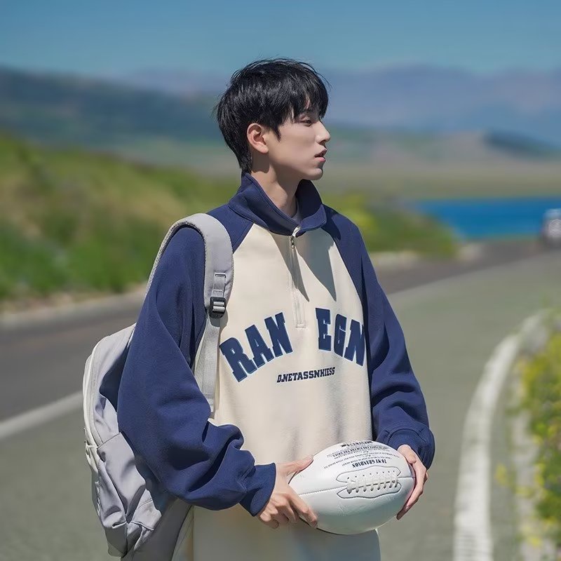 Áo Thun polo Tay Dài Dáng Rộng Có Khóa Kéo Màu Sắc Tương Phản Phong Cách Hàn Quốc Thời Trang Cho Nam