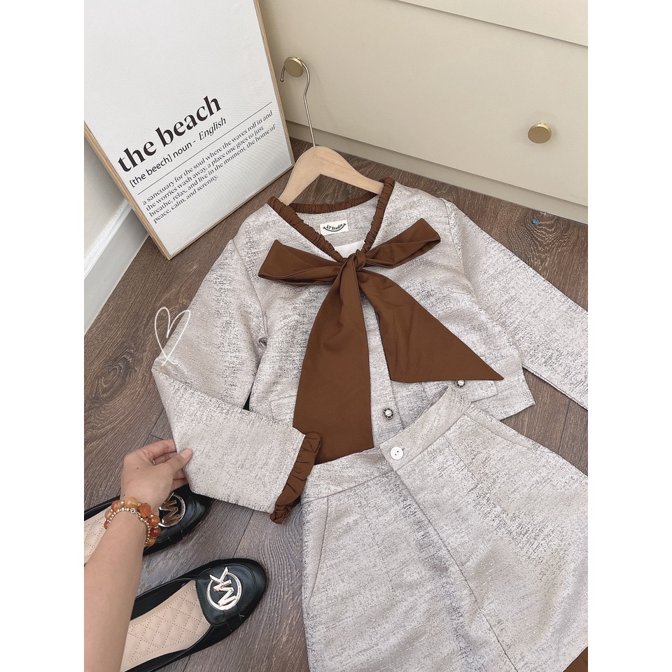 Set gấm phối nâu áo cột nơ +chân váy