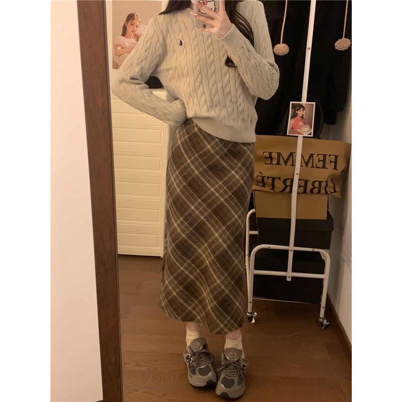 SUXI Chân Váy Chữ a Lưng Cao Họa Tiết Sọc Caro Phong Cách vintage Hàn Quốc