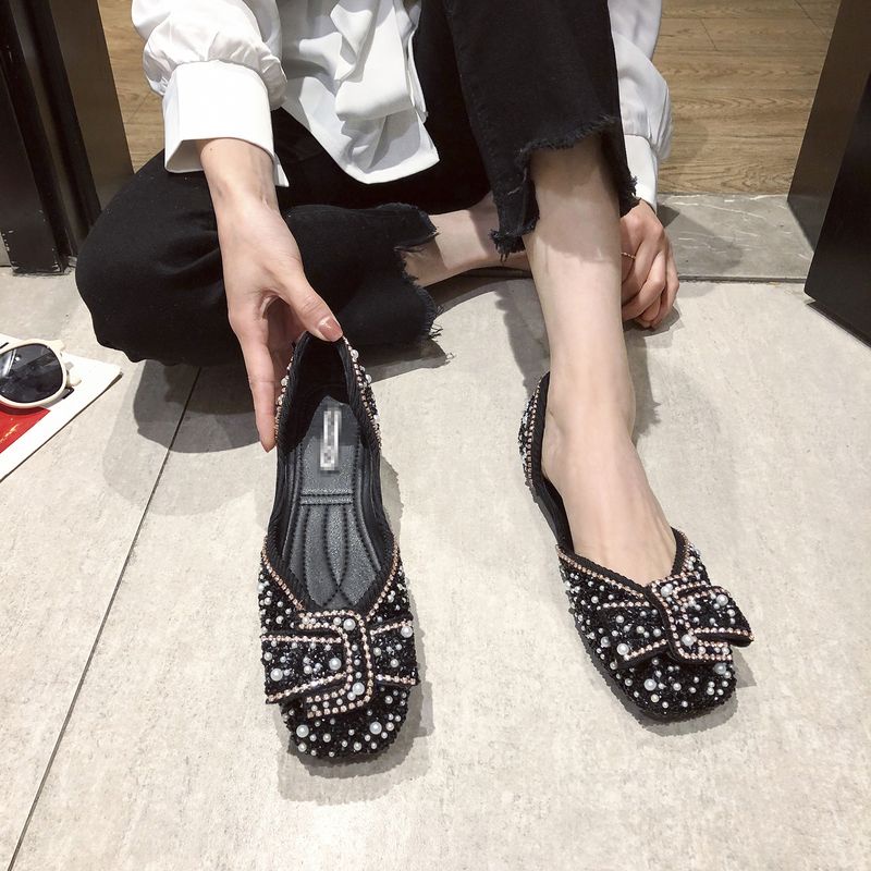 Giày Búp Bê Đế Mềm Mũi Vuông Đính Ngọc Trai Thời Trang Xuân Hè Cho Nữ