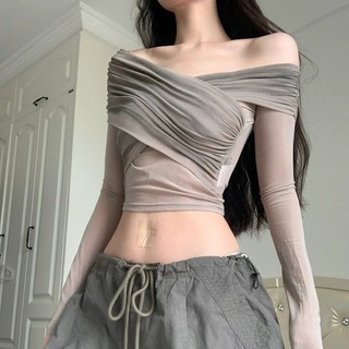 Klalien Áo Croptop Trễ Vai Dài Tay Màu Trơn Thời Trang Nữ Màu Sắc