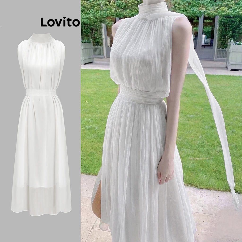 Đầm trắng dự tiệc Lovito lai bèo xếp nếp phối thắt lưng màu trơn thường ngày cho nữ váy trắng dài L65ED127 (màu trắng ngà)