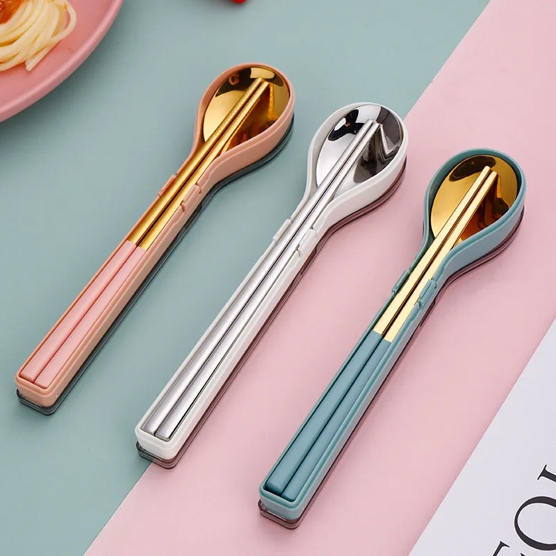 Bộ thìa dĩa cá nhân, hộp đựng thìa đũa văn phòng inox 304 kèm hộp có nắp đậy nhỏ gọn đáng yêu mang đi làm YK