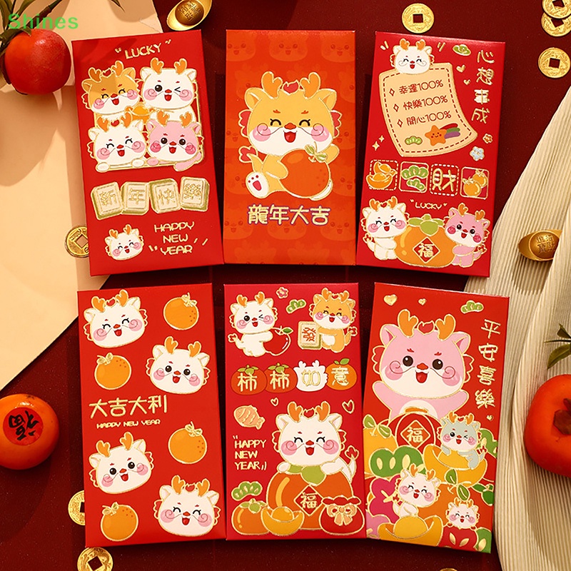 Shines Bộ 6 Bao Lì Xì Năm Mới 2024 Màu Đỏ May Mắn Phong Cách Trung Hoa
