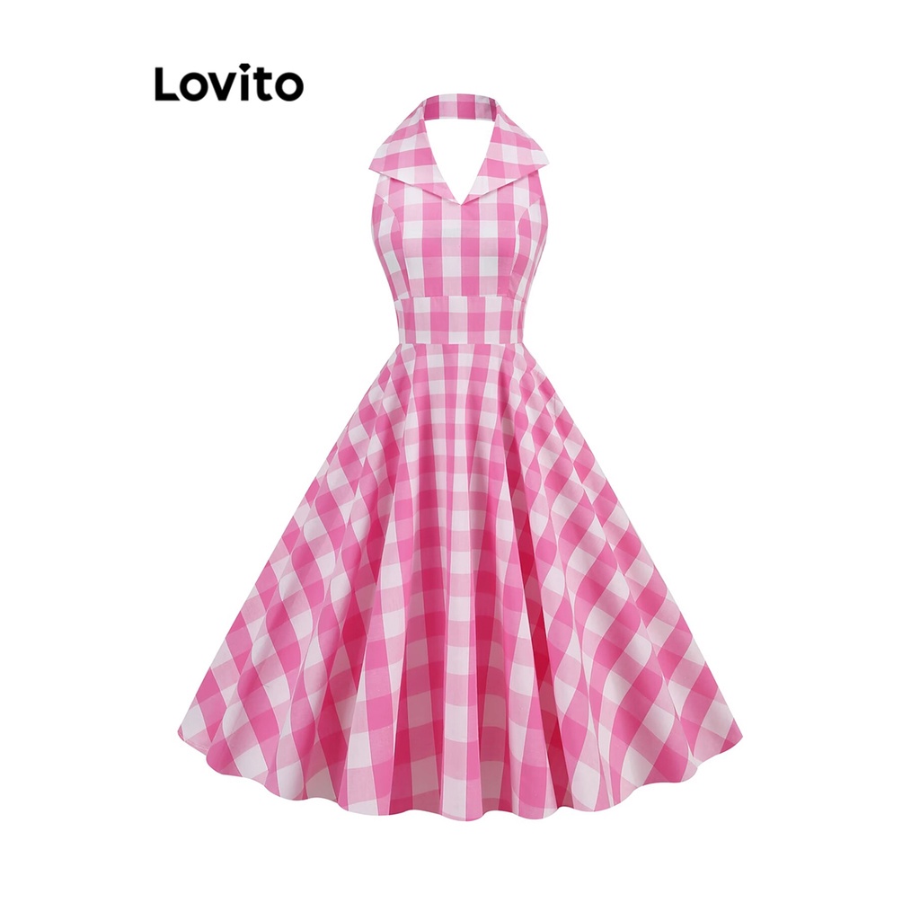 Đầm Lovito xếp ly hở lưng kẻ sọc thanh lịch cho nữ LNE21279 (màu nâu/hồng nhạt)