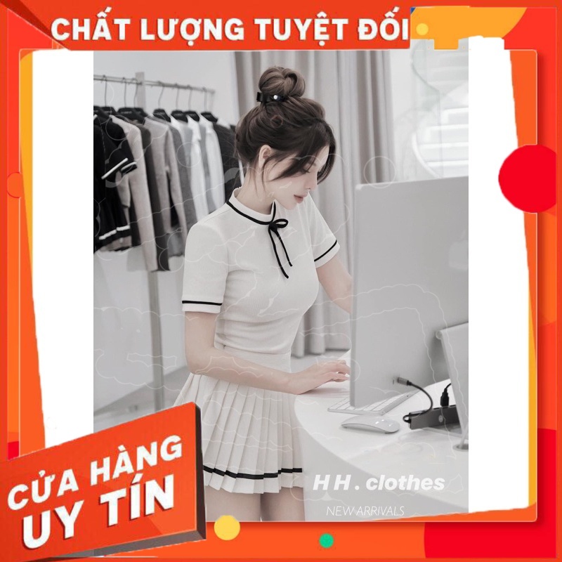VS11 Sammi Shop Sét Áo Len Tăm Cổ Tròn Buộc Nơ Kèm Chân Váy MPB Hàng Loại Đẹp Sang Chảnh