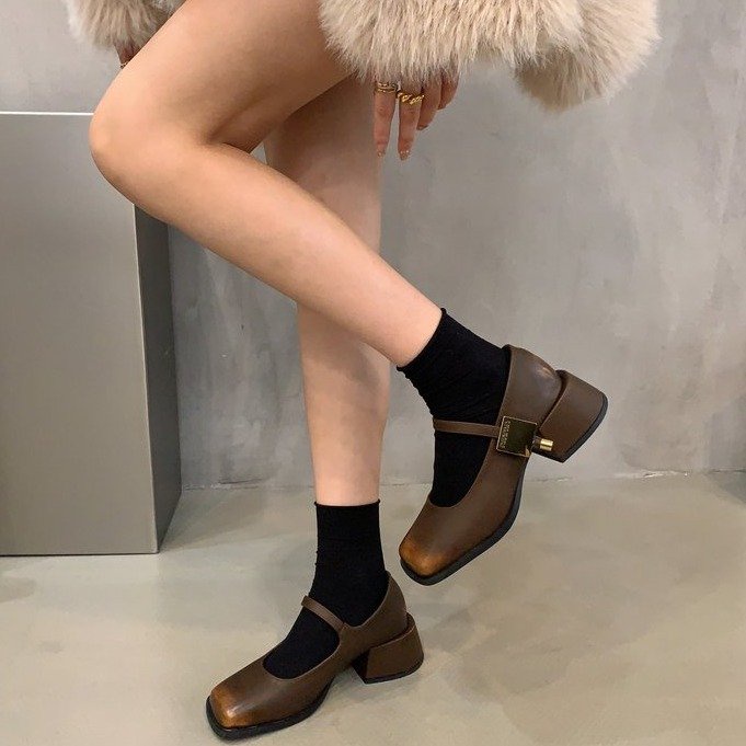 Giày Da pu Gót Thấp Mũi Vuông Phong Cách Anh Quốc Cổ Điển Thời Trang Cho Nữ
