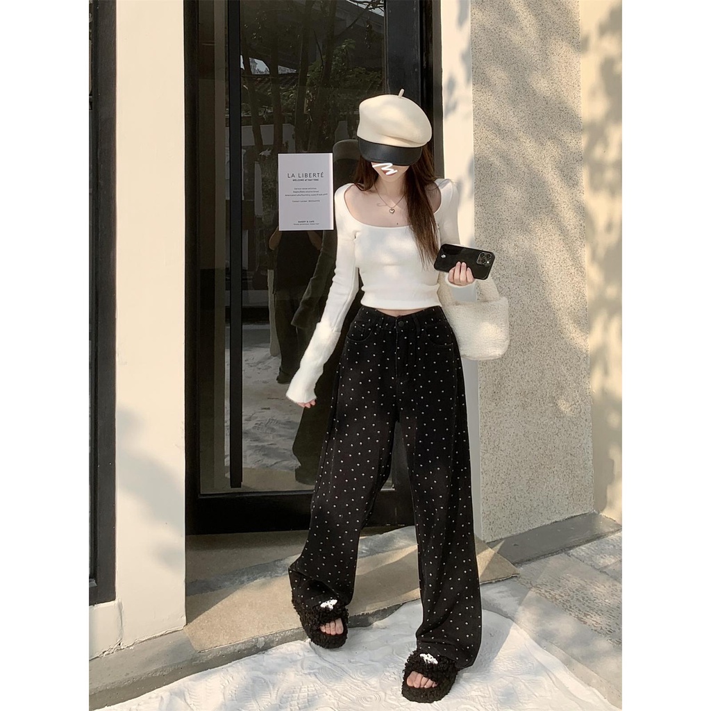 Quần Jean Nữ Ống Rộng Lưng Cao Màu Đen Thời Trang Mùa Đông 2023