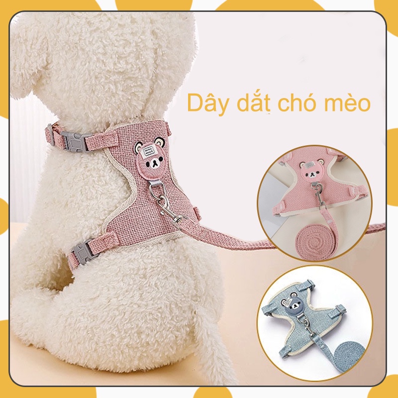 Bộ Yếm Dắt Thú Cưng Đi Dạo Chó Mèo Kiểu Hoạt Hình Đáng Yêu Đeo Cao Cấp Mặt Gấu Dễ Thương Chất Liệu