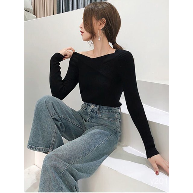 Set Áo Nữ Tay Dài Trễ Vai + Quần jeans Dài Ống Rộng Thời Trang