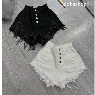 Quần short jean nữ lung cao rách đùi phối nút alohashop91