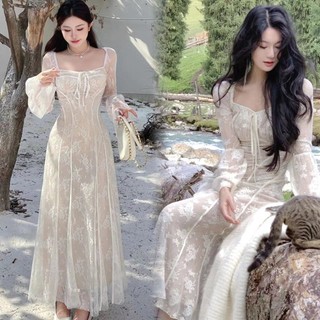 Đầm Đuôi Cá Tay Dài Phối Ren Lưới Thời Trang Thu Đông Quyến Rũ Cho Nữ