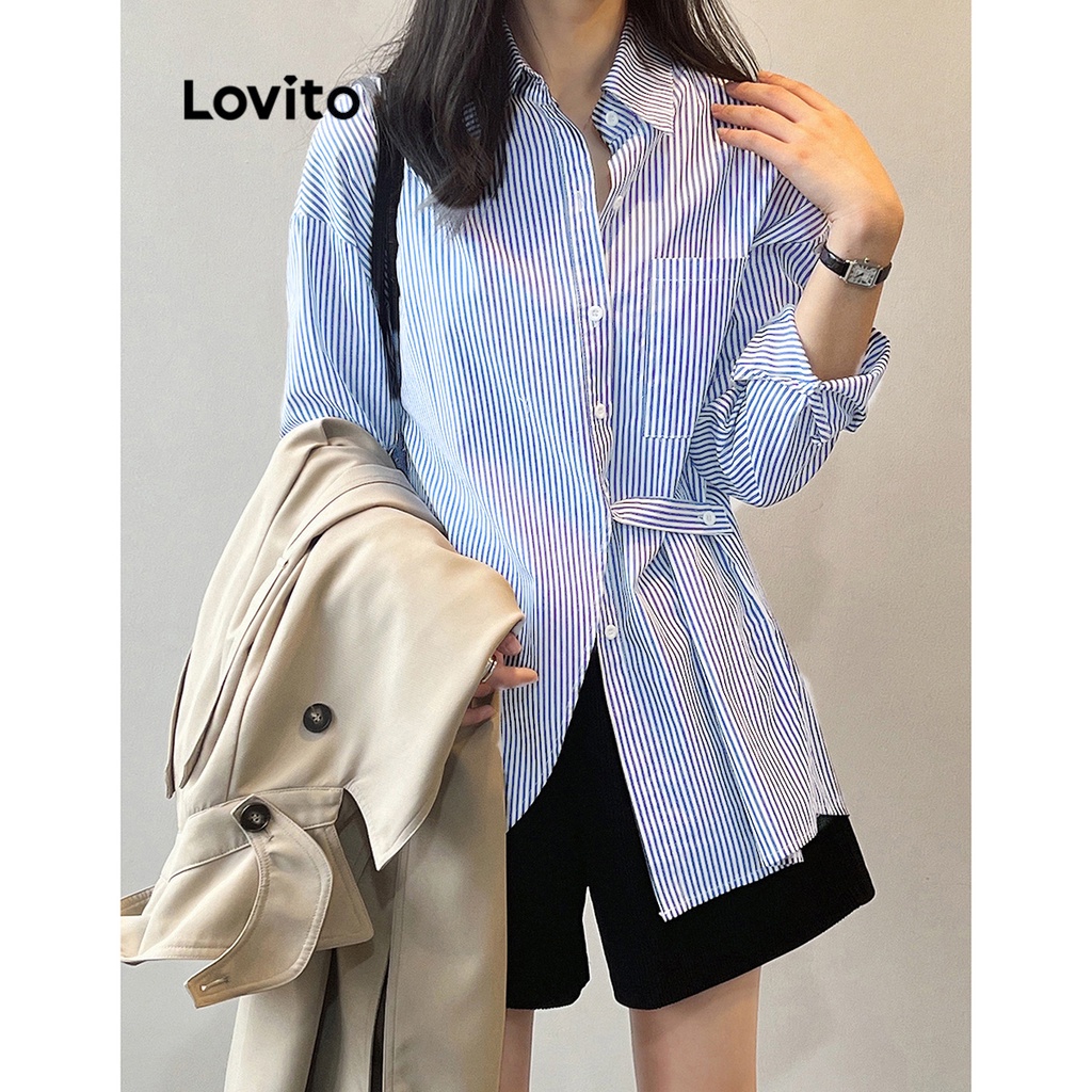 Lovito Áo sọc quấn bất đối xứng thông thường cho nữ LNE27161 (Xanh nhạt)
