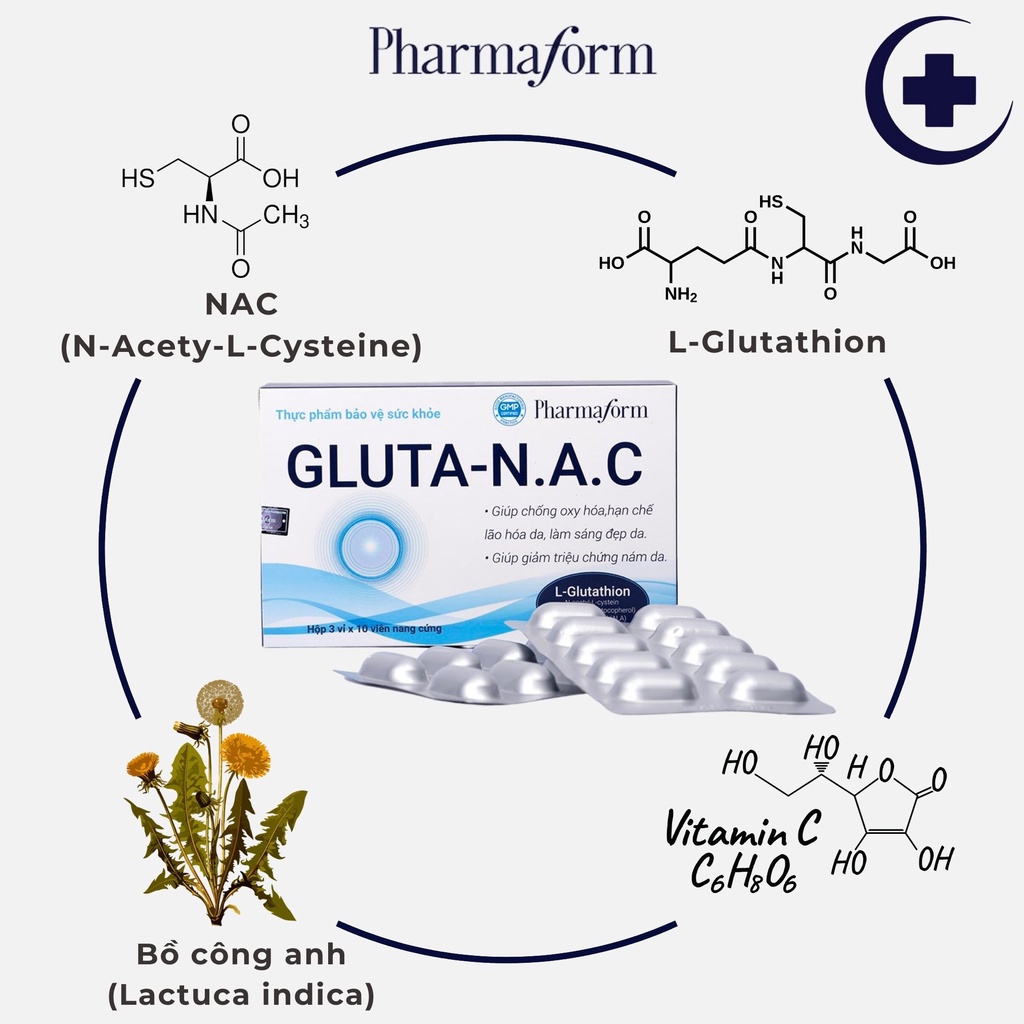 Ảnh 3 của Viên uống sáng da Pharmaform GLUTA-N.A.C, S-GLUTACELL 200MG sáng da, giảm thâm nám 30 viên