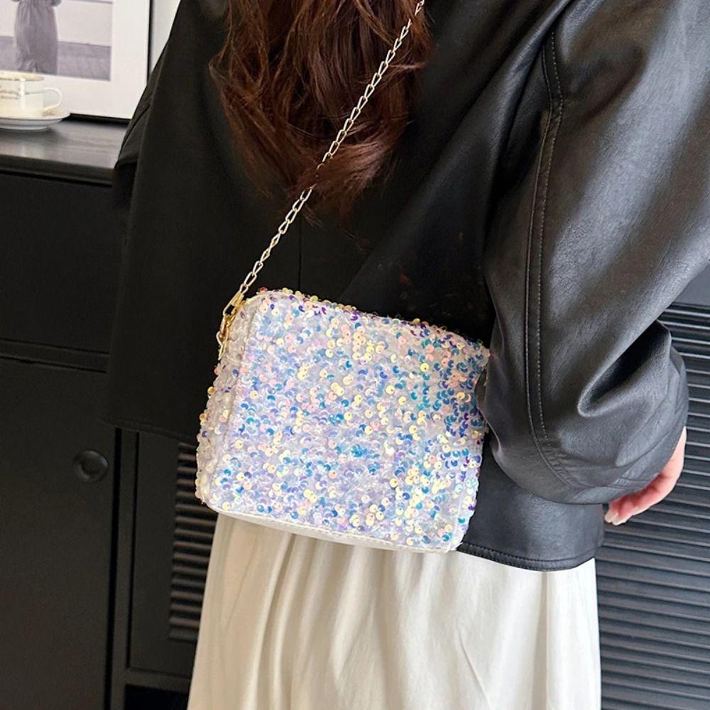 Myrong1hd ❤Túi Xách Đeo Vai Đính Kim Sa Phối Dây Xích Thời Trang Cho Nữ