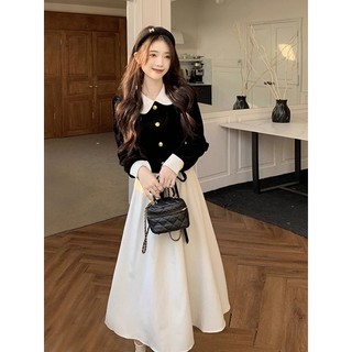 Đầm Nữ Tay Dài Giả Hai Lớp Ôm Eo Thời Trang Thu Đông