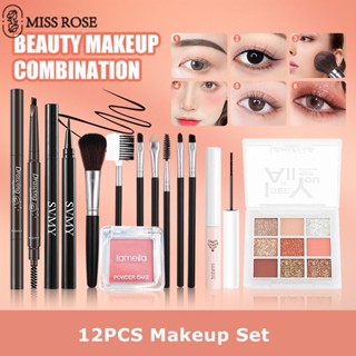 Miss Rose 1 Bộ Bộ Mỹ Phẩm Trang Điểm Hoàn Chỉnh Bảng Phấn Mắt 9 Màu + Bút Kẻ Mắt Không Thấm Nước + Phấn Má Hồng + Bút Chì Kẻ Lông Mày Chống Thấm Nước + Bộ Dụng Cụ Trang Điểm 7 Chiếc + Mascara Đen