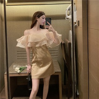 Đầm Hai Dây Trễ Vai Phối Bèo Phong Cách Pháp Thời Trang Mùa Hè Quyến Rũ Cho Nữ