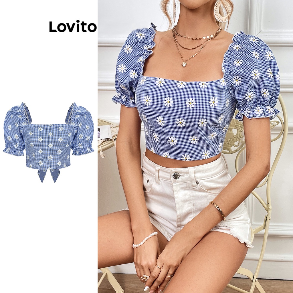 Lovito Áo kiểu thường ngày Ditsy hoa xà lách viền nơ lưng có dây buộc cho nữ L67AD005 (Màu xanh da trời)