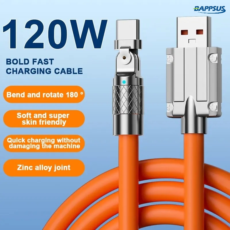 Dây Cáp Sạc Nhanh 120W 6A 180 Độ Cổng USB Type C Cho Ios Android