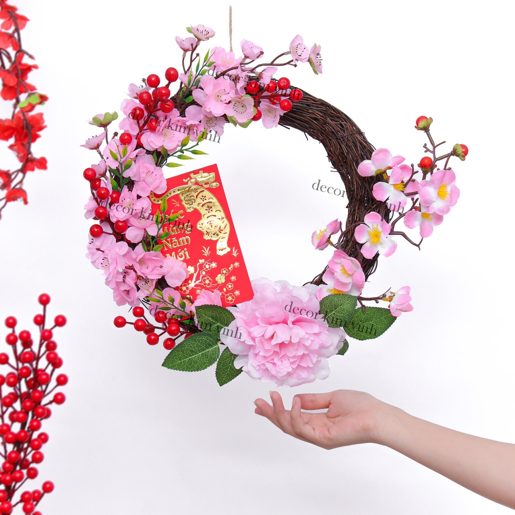 Vòng Hoa Trang Trí Tết Tài Lộc H88 Kèm Đèn (Nhiều Size)