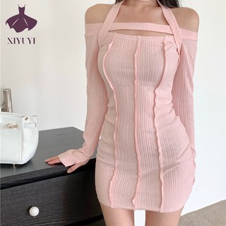 Đầm ngắn XIYUYI ôm dáng tay dài cổ yếm thiết kế gợi cảm mới cho nữ