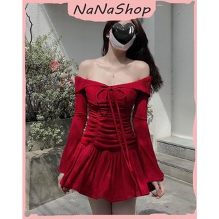 Đầm xòe trễ vai dài tay xốp nhún bụng dáng xòe, Đầm xốp trễ vai tay dài ôm body nhún ngắn xòe