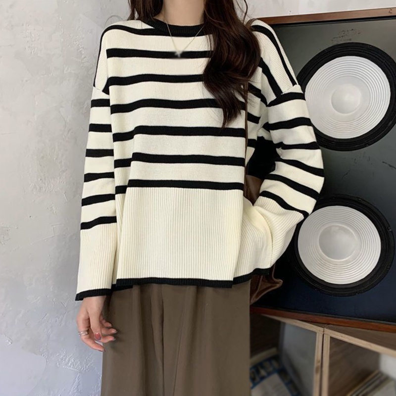 Áo Sweater Dệt Kim Kẻ Sọc Dáng Rộng Thời Trang Thu Đông Cho Nữ