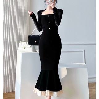 Đầm Nhung Đen Đuôi Cá Cổ Vuông Dáng Dài Ôm Cơ Thể Thời Trang Cho Nữ