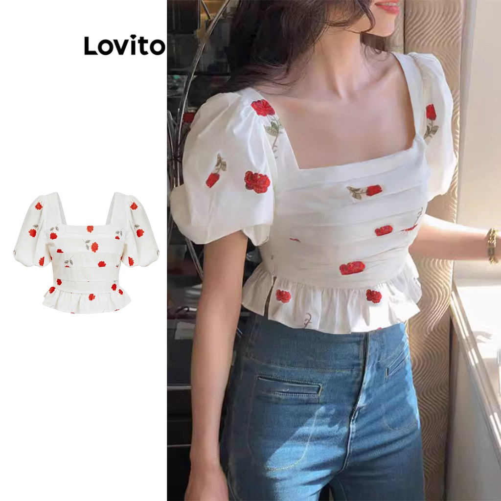 Áo kiểu Lovito xếp ly lai bèo xếp nếp họa tiết hoa nhí thường ngày cho nữ L77ED038