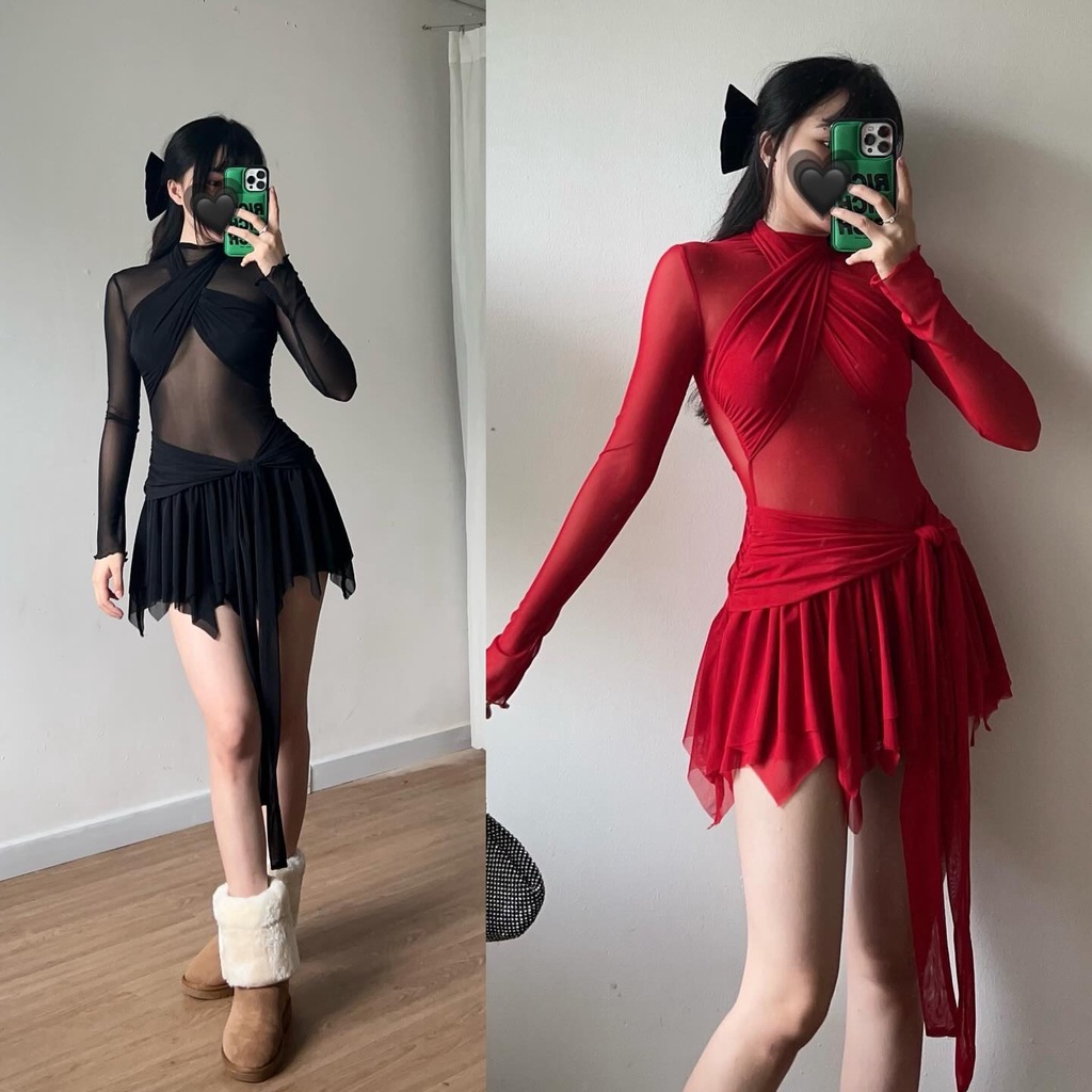 𝐑𝐂𝐂 𝐒𝐚̀𝐢 𝐆𝐨̀𝐧 🐰 Váy body tay dài lưới sexy cổ yếm