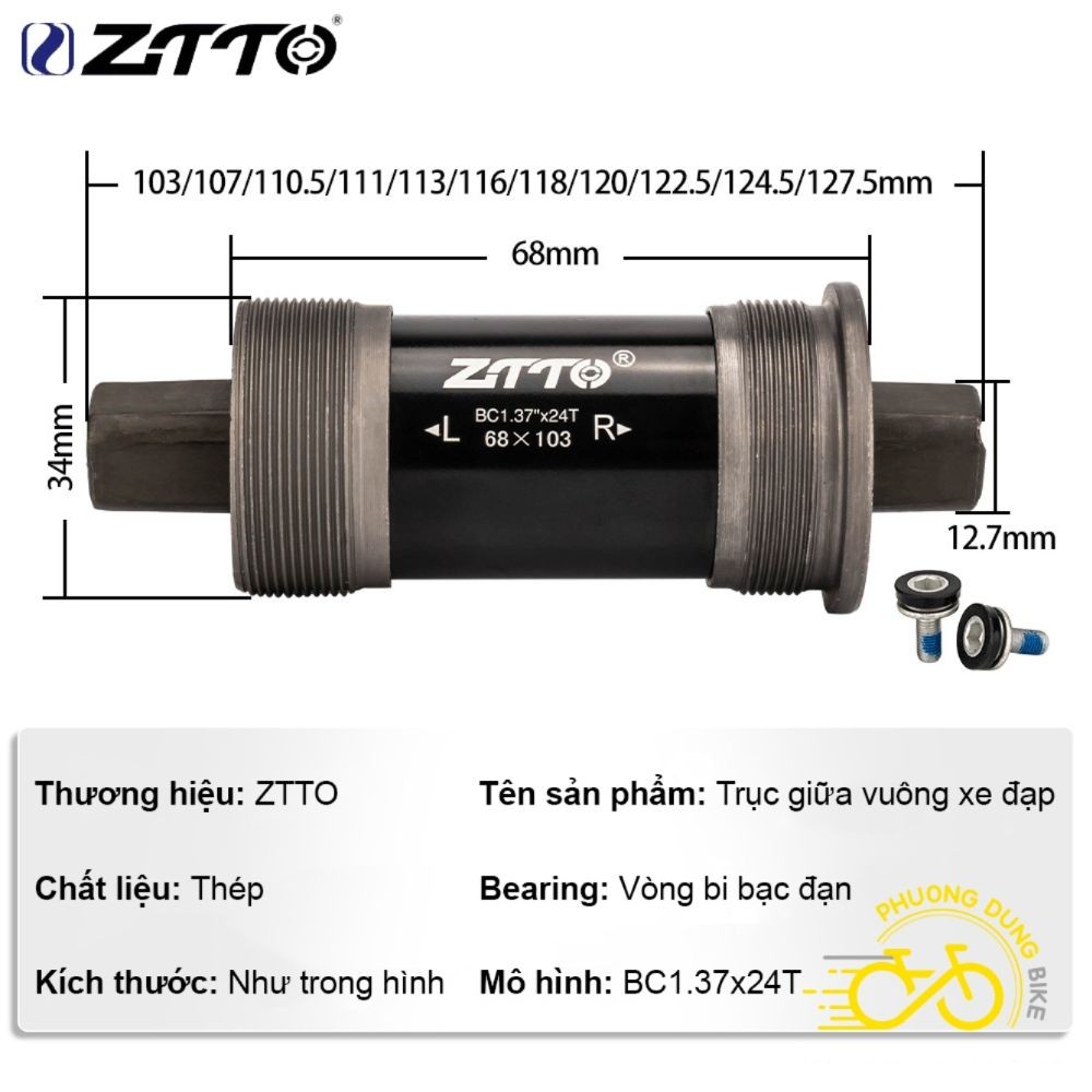 Trục giữa cốt vuông bạc đạn xe đạp ZiTTO – Nhiều Cỡ