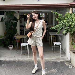 Set gile linen nữ sang chảnh phối cúc vải kèm quần short linen vải linen tưng cao cấp MA256 Shenoiree