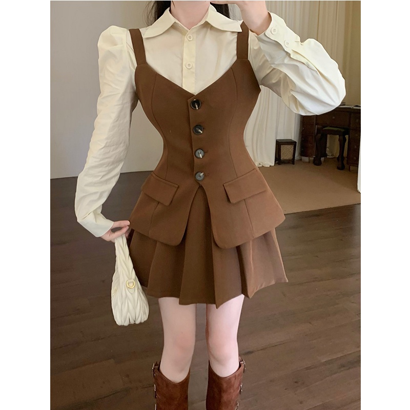 Bộ Áo Sơ Mi Tay Phồng + Chân Váy Xếp Ly Thời Trang retro Cao Cấp Cho Nữ