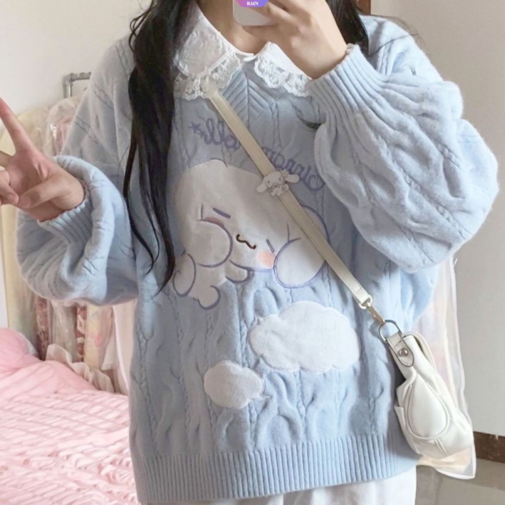 Áo sweater Dệt Kim Tay Dài Dáng Rộng Cổ Chữ v Thêu Hoạt Hình sanrio cinnamoroll Phong Cách Nhật Bản Thời Trang Xuân Thu Cho Nữ y2k