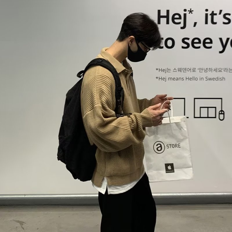 Áo sweater Dệt Kim Cổ polo Dáng Rộng Màu Sắc Đơn Giản Thời Trang Thu Đông Cho Nam Giới